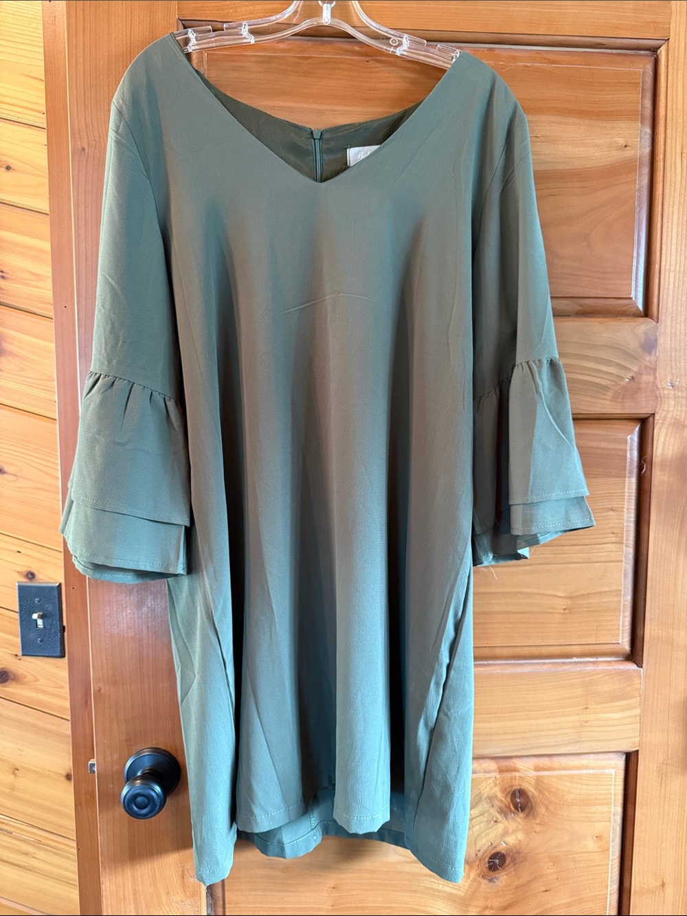 Olive Green V-Neck Mini Dress with Bell Sleeves